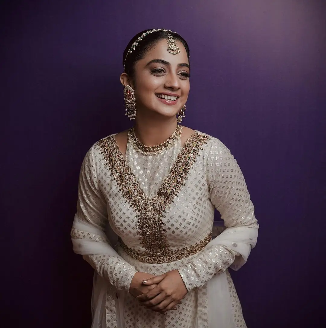 Namitha Pramod Wearing Beautiful Earring Jewellery White Dress